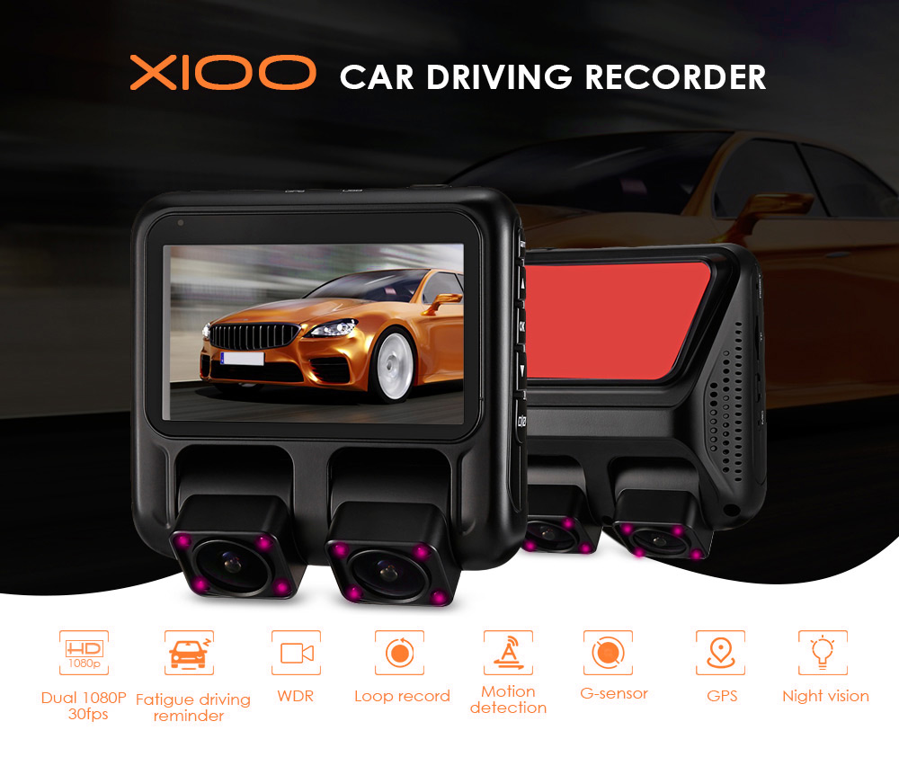 X100 1080P 3 inch Car Driving Recorder Dual Cameras GPS Loop Record WDR