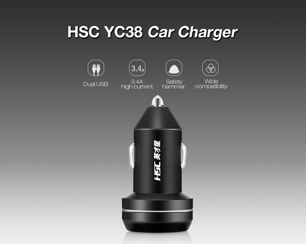 HSC YC38 Car Charger Dual USB 3.4A High Current Safety Hammer 