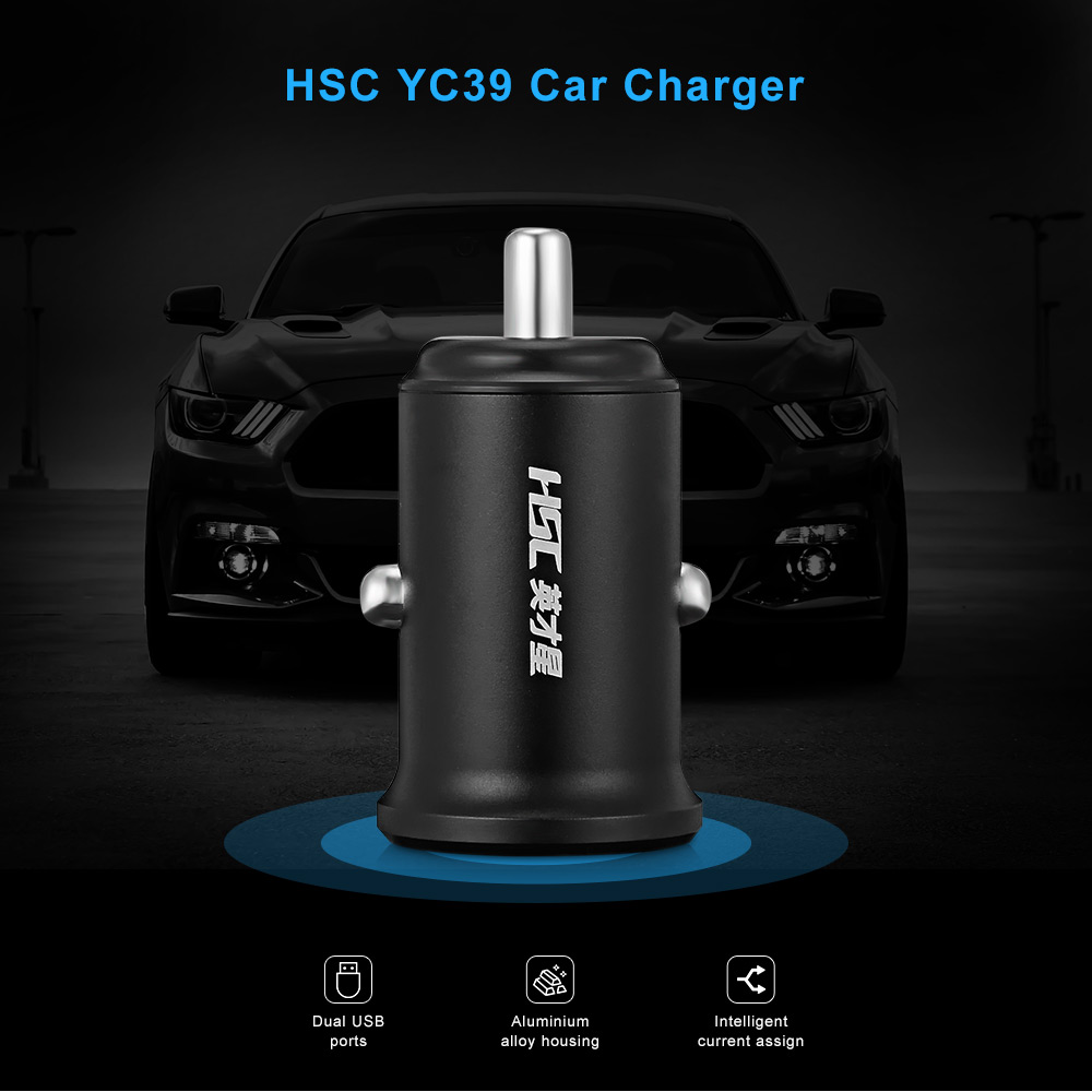 HSC YC39 Car Charger Dual USB 2.4A Intelligent Current Assign Aviation Aluminum Alloy 