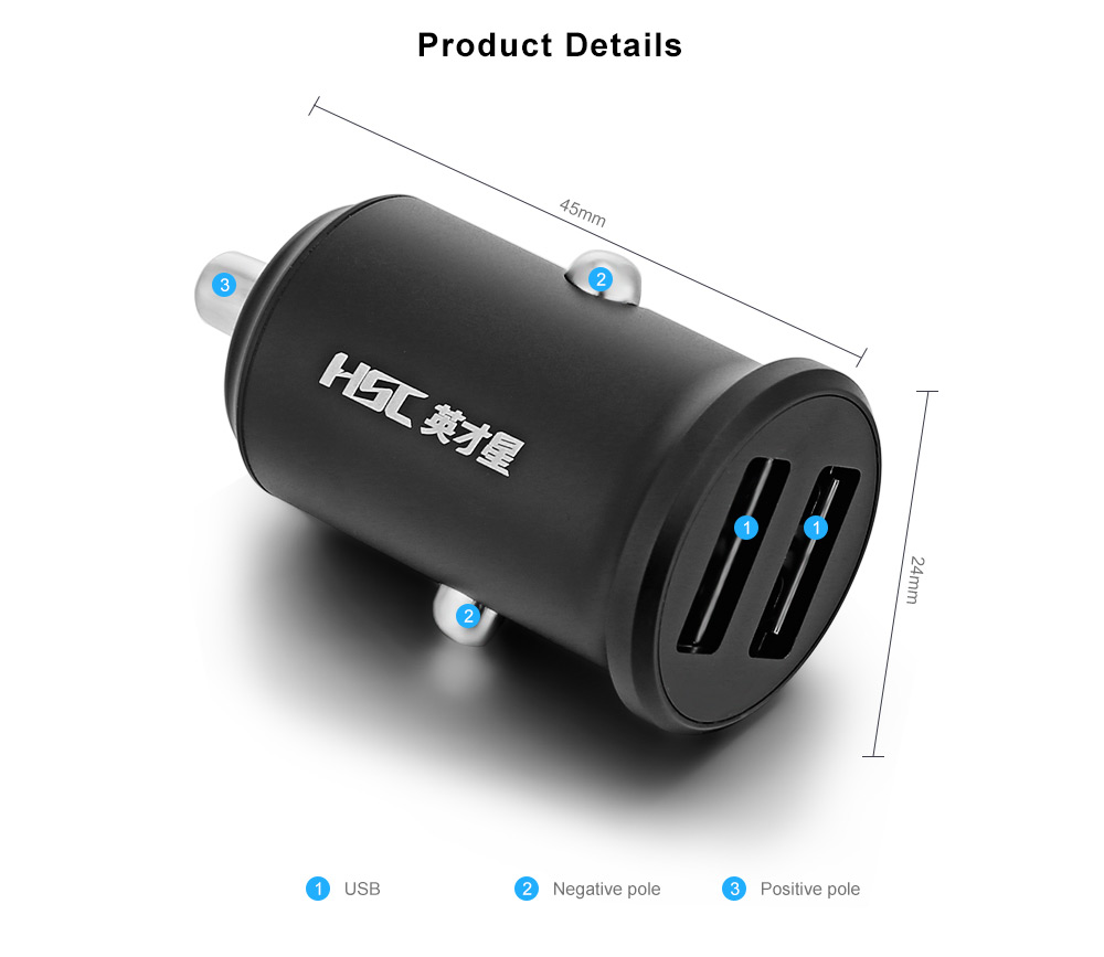 HSC YC39 Car Charger Dual USB 2.4A Intelligent Current Assign Aviation Aluminum Alloy 