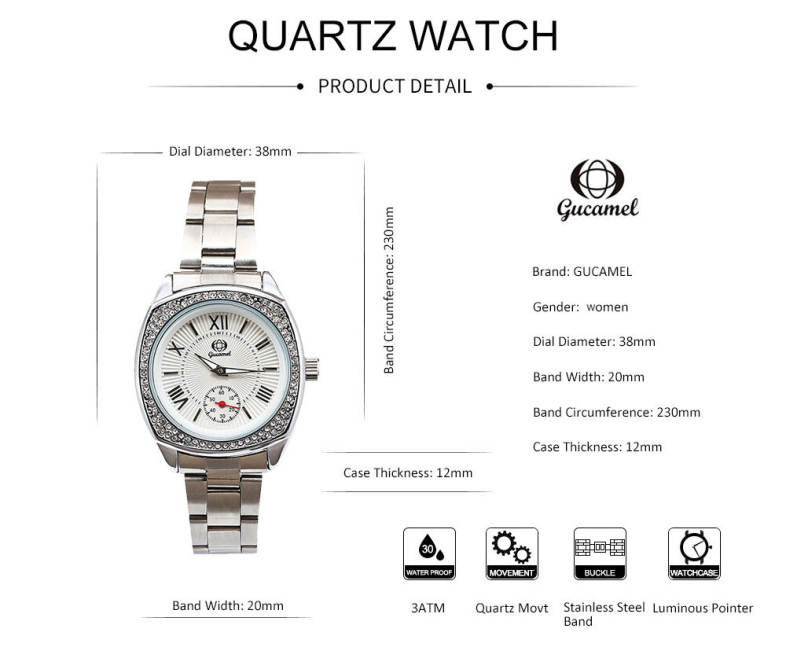 Gucamel BL057 Women Quartz Watch Luminous Pointer Rhinestone 30m Water Resistance Wristwatch