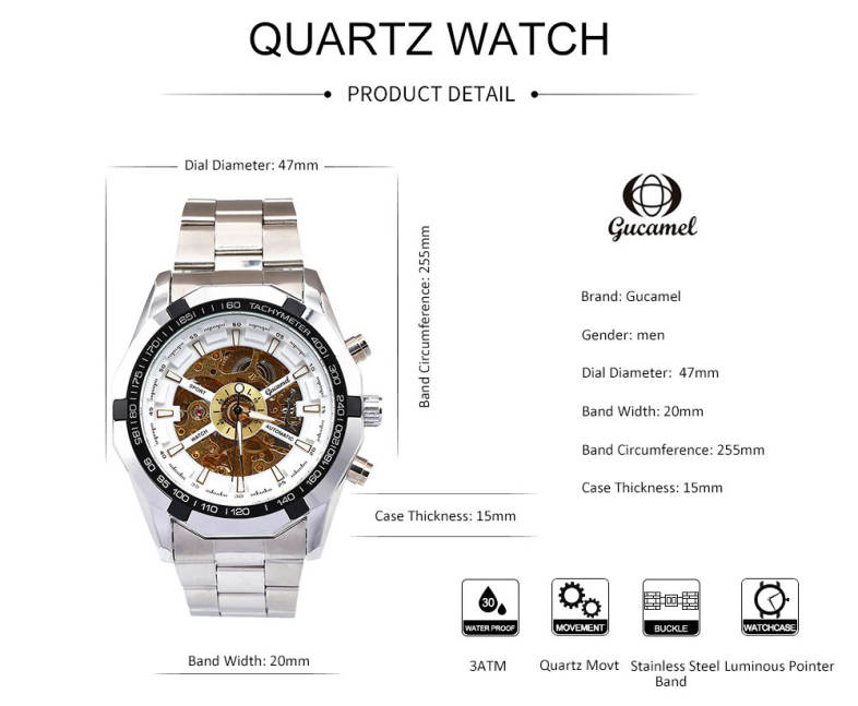 Gucamel G043 Male Auto Mechanical Watch Hollow Dial Luminous Stainless Steel Band Wristwatch