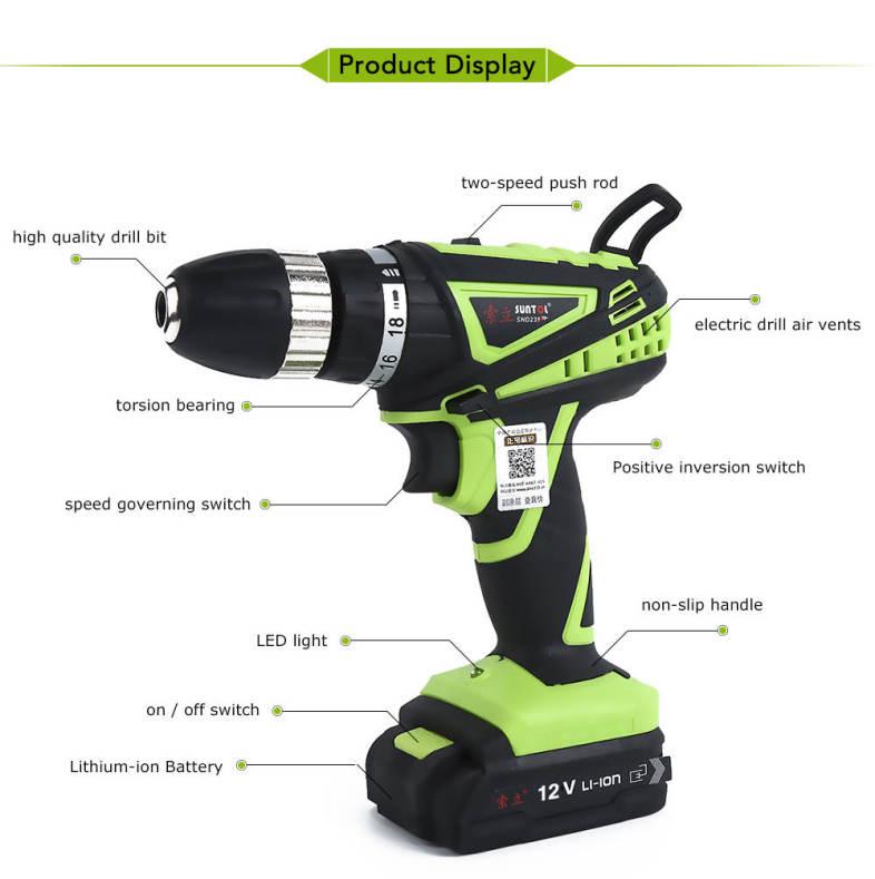 SUNTOL 12V Multi-function Lithium-ion Battery Electric Drill Screwdriver Power Tool