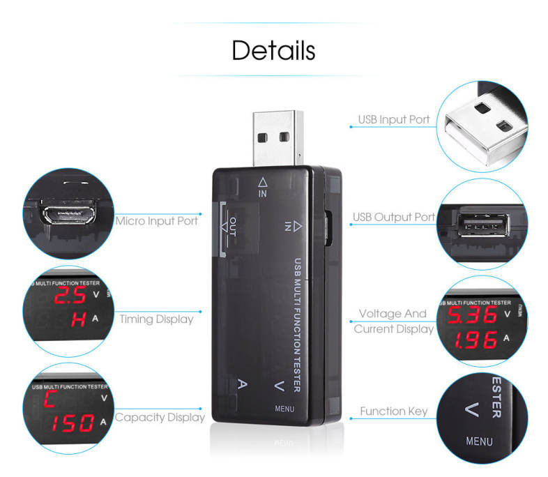 KWS - A16 4 - 30V USB Digital Voltage Measuring Instrument Current Tester