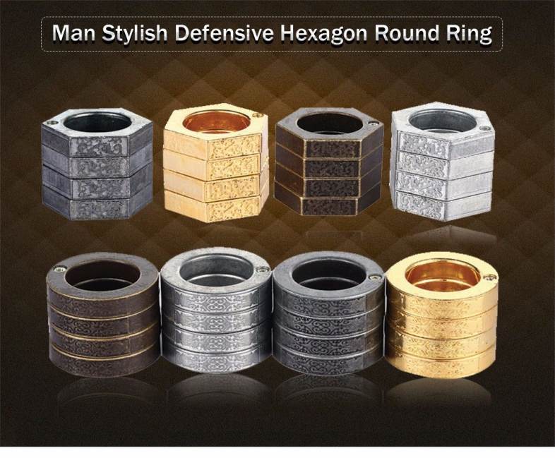 Man Stylish Defensive Hexagon Round Ring with Four Layer Design