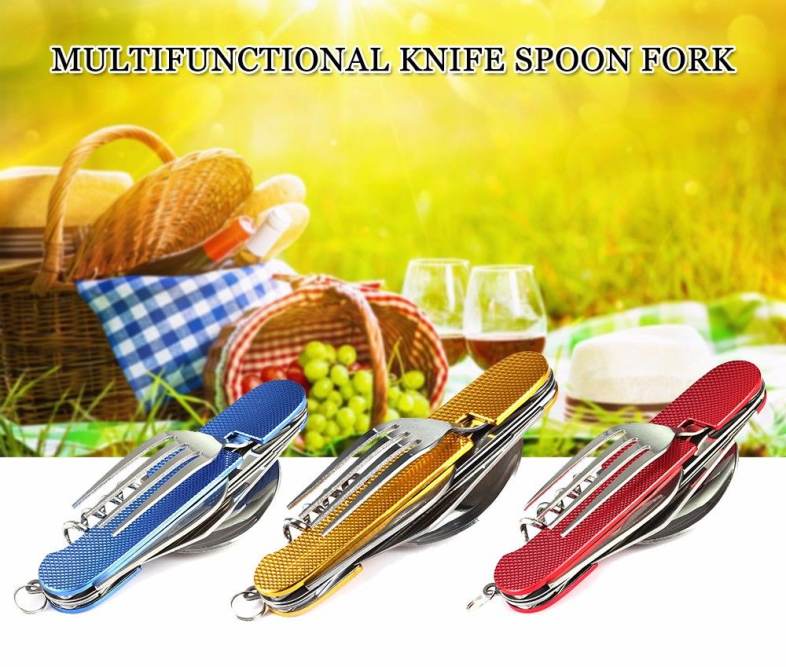 6 in 1 Stainless Steel Detachable Folding Knife Spoon Fork Outdoor Survival Camping Tool