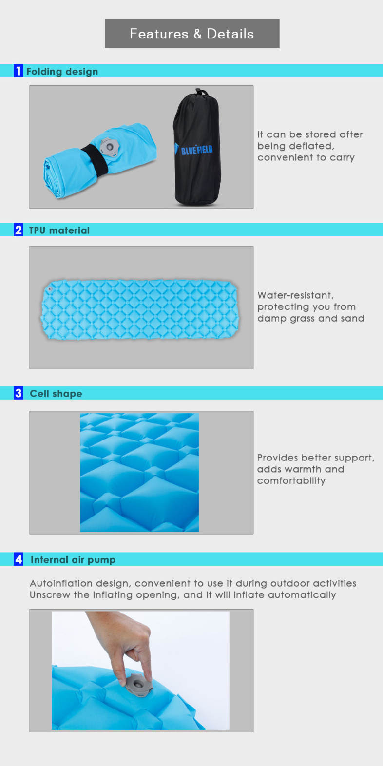 Bluefield Inflatable Camping Outdoor Sleeping Air Mattress Mat Pad Bed with Attached Pillows