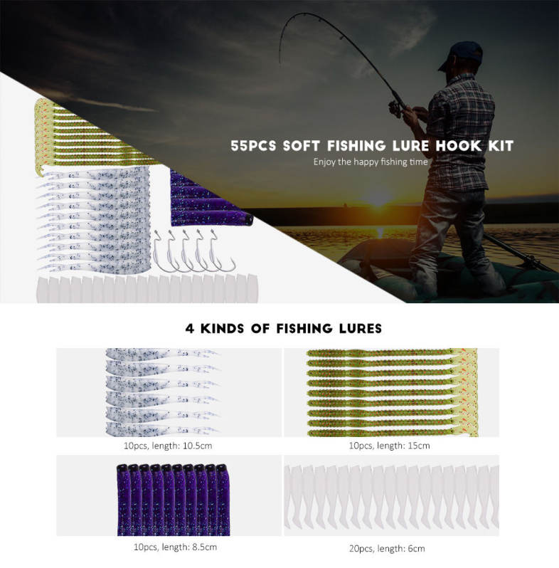 PRO BEROS 55pcs / Set Soft Worm Fishing Lure Bass Bait Fish Hook