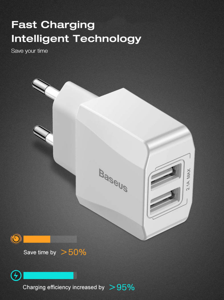 Baseus Mini Dual USB Output Charger PC White ABS 5V 2.1A 