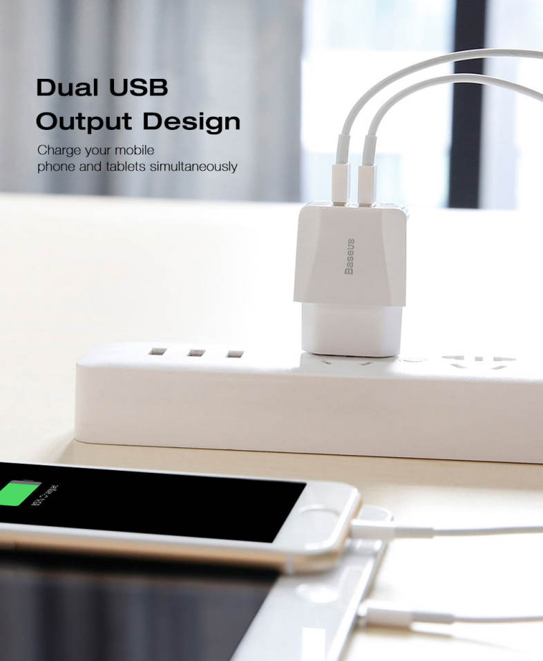 Baseus Mini Dual USB Output Charger PC White ABS 5V 2.1A 