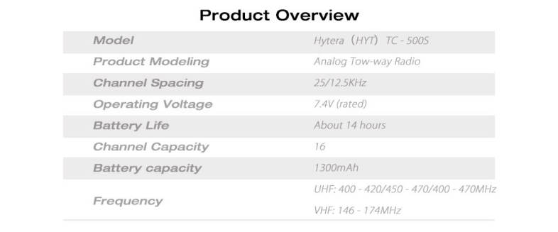 Hytera TC - 500S Analog Tow-way Radio 450 - 470MHz 1300mAh Portable Intercom 