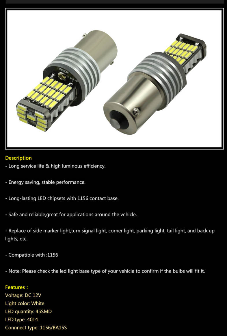 2PCS 1000 Lumens 1156 Ba15s P21W 4014 45PCS Chipsets Led Bulbs for Turn Signal