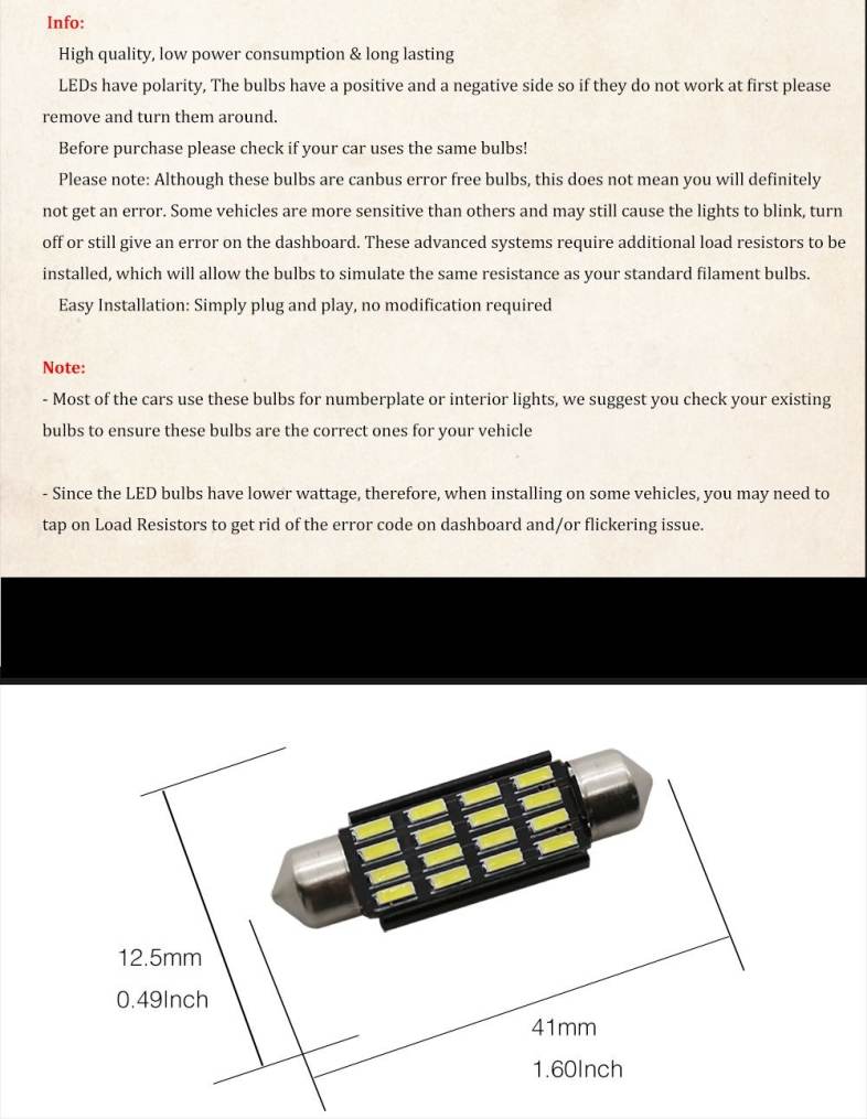 4PCS 41mm White 4014 Festoon 16 LED Interior Map Dome Canbus Error Free Light 874