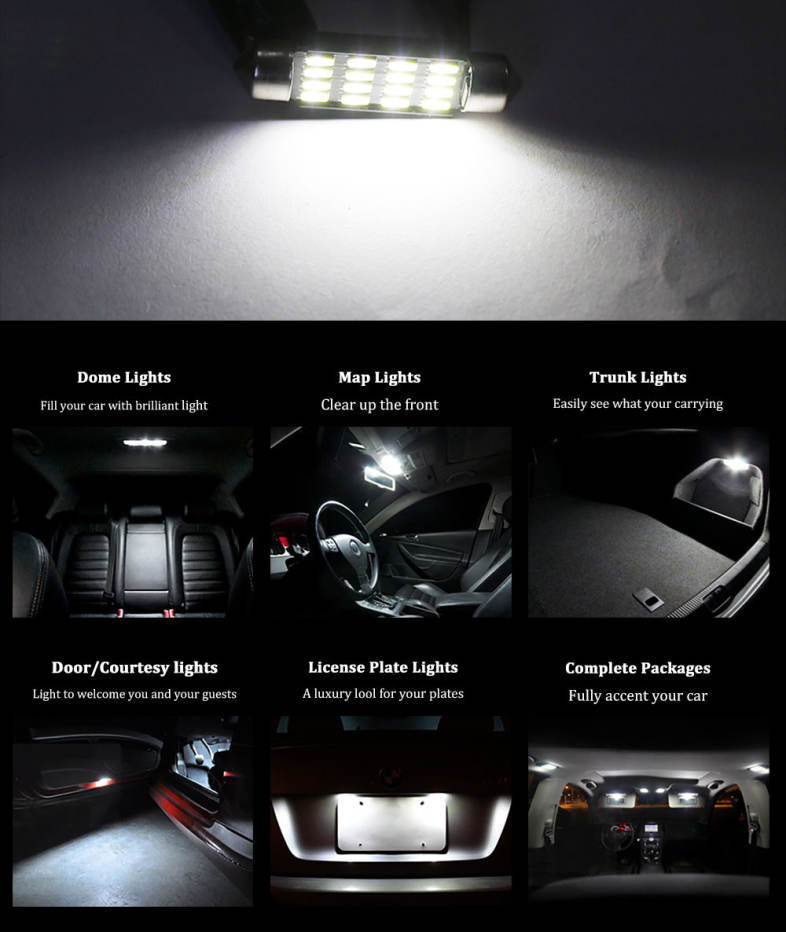 4PCS 41mm White 4014 Festoon 16 LED Interior Map Dome Canbus Error Free Light 874