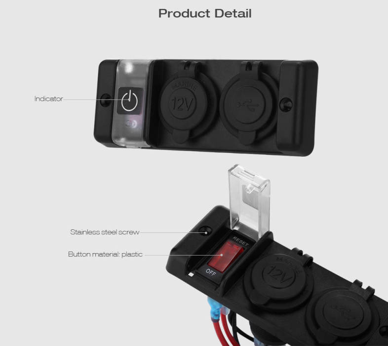 WUPP Multi-function Switch Panel with Power Socket for Marine Boat Car RV Vehicle Truck Red LED 