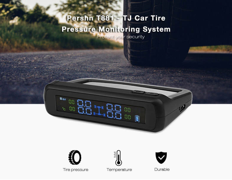 Pershn T881 - TJ Car Tire Pressure Monitoring System Solar Panel LCD Display with 4 Wireless Internal Sensors 