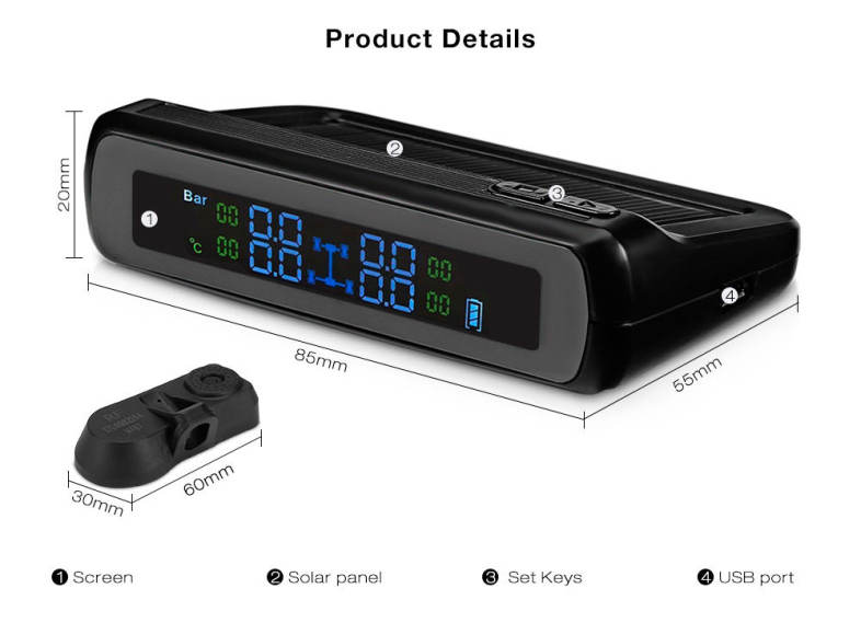 Pershn T881 - TJ Car Tire Pressure Monitoring System Solar Panel LCD Display with 4 Wireless Internal Sensors 