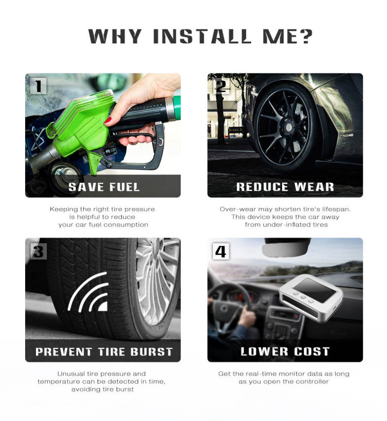 ZEEPIN C220 Solar Powered TPMS Car Tire Pressure Monitor System Voice Broadcast 4 External Sensors