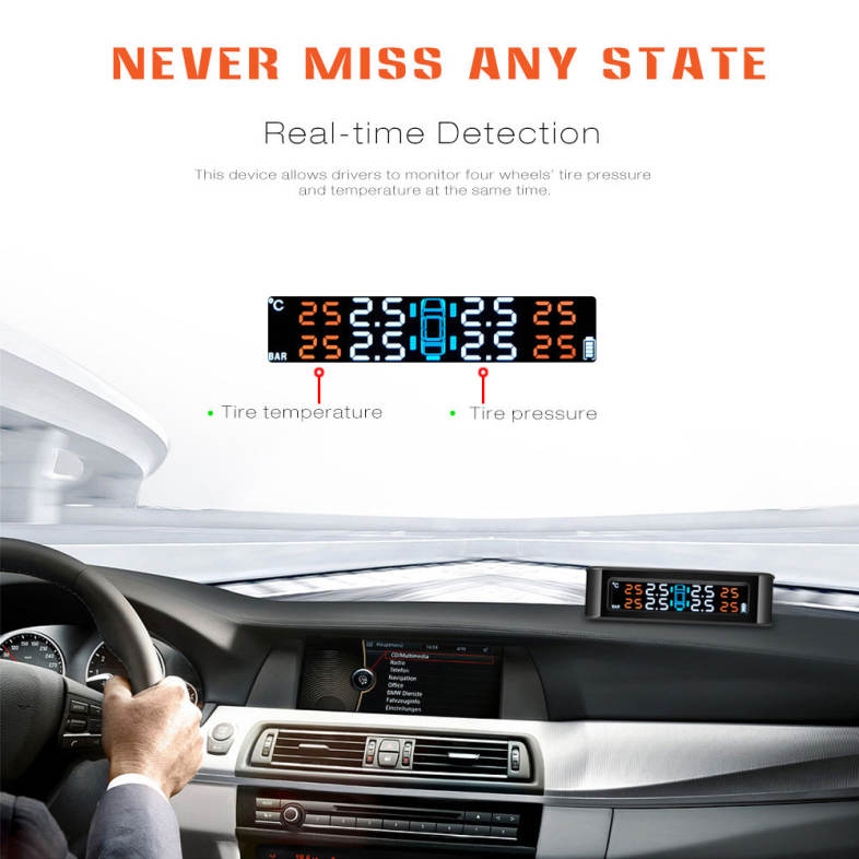 ZEEPIN C220 Solar Powered TPMS Car Tire Pressure Monitor System Voice Broadcast 4 External Sensors