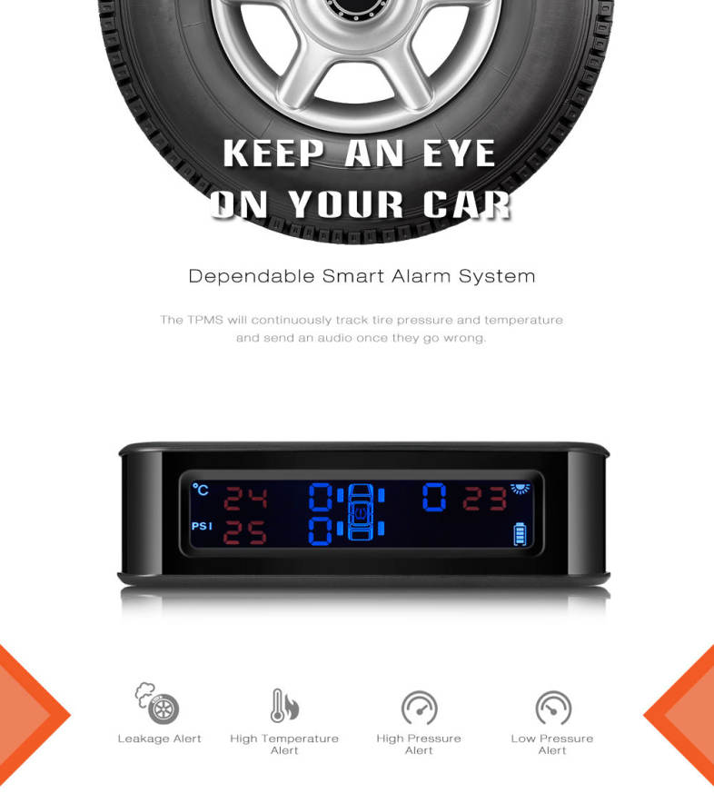 ZEEPIN C220 Solar Powered TPMS Car Tire Pressure Monitor System Voice Broadcast 4 External Sensors
