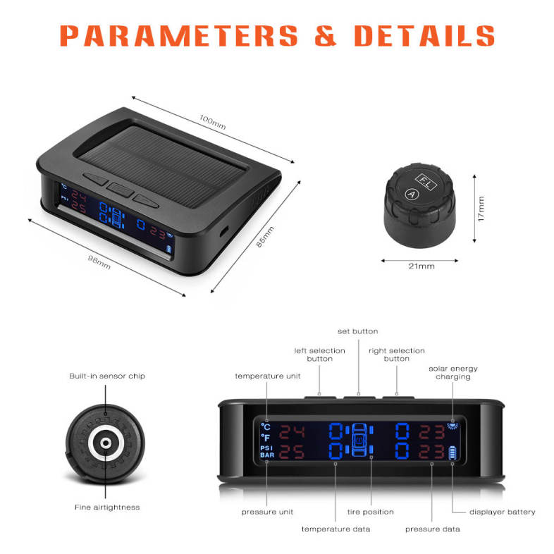 ZEEPIN C220 Solar Powered TPMS Car Tire Pressure Monitor System Voice Broadcast 4 External Sensors