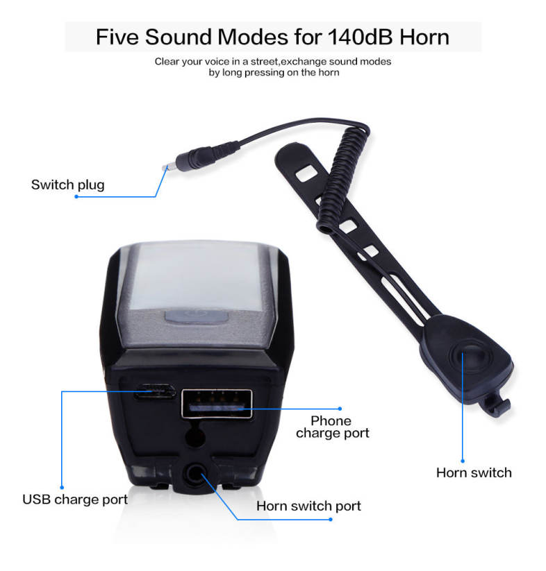  USB Rechargeable Headlight with 140dB Horn Solar Energy Bicycle Front Light Tail Lamp