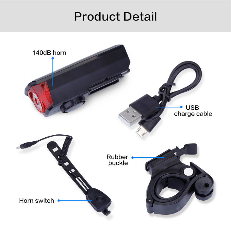  USB Rechargeable Headlight with 140dB Horn Solar Energy Bicycle Front Light Tail Lamp
