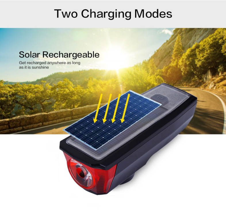  USB Rechargeable Headlight with 140dB Horn Solar Energy Bicycle Front Light Tail Lamp