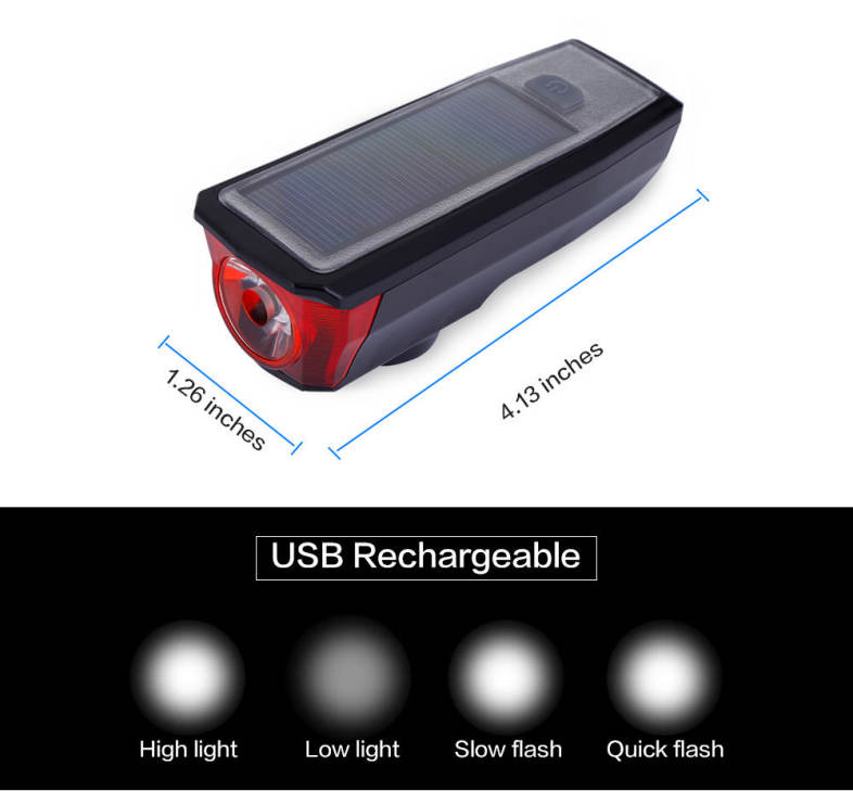  USB Rechargeable Headlight with 140dB Horn Solar Energy Bicycle Front Light Tail Lamp