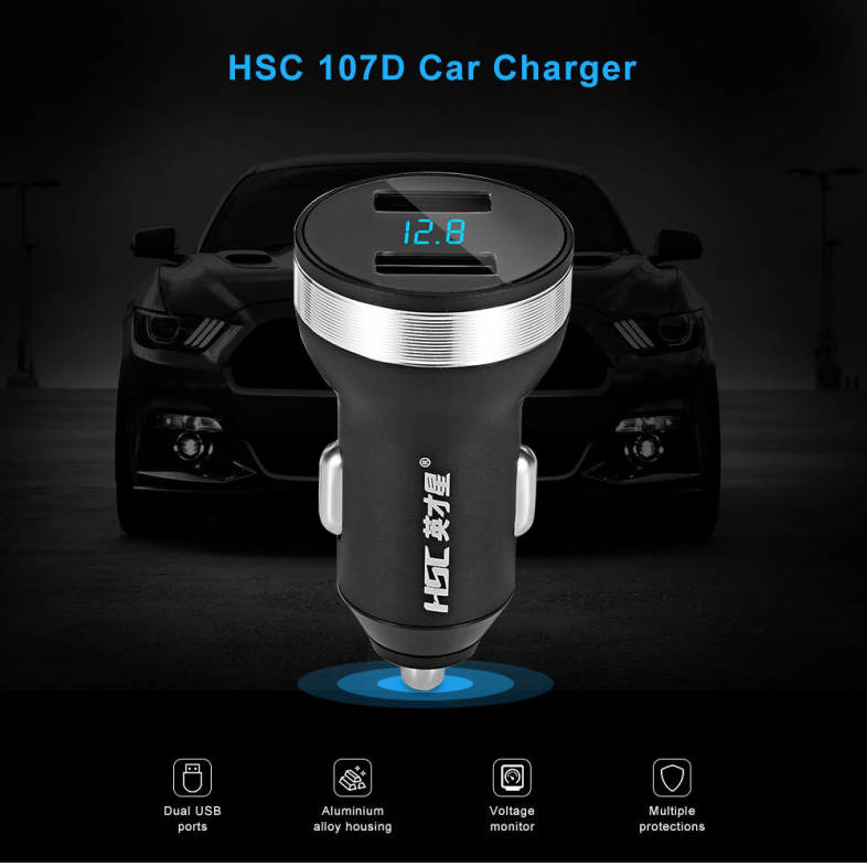 HSC 107D Car Charger Dual USB Ports Aluminum Alloy Housing Voltage Monitor Multiple Protections 