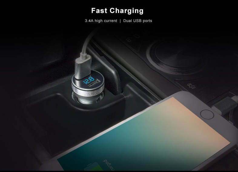 HSC 107D Car Charger Dual USB Ports Aluminum Alloy Housing Voltage Monitor Multiple Protections 