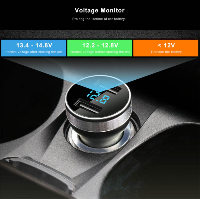 HSC 107D Car Charger Dual USB Ports Aluminum Alloy Housing Voltage Monitor Multiple Protections 