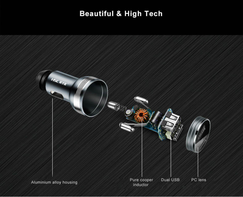 HSC 107D Car Charger Dual USB Ports Aluminum Alloy Housing Voltage Monitor Multiple Protections 