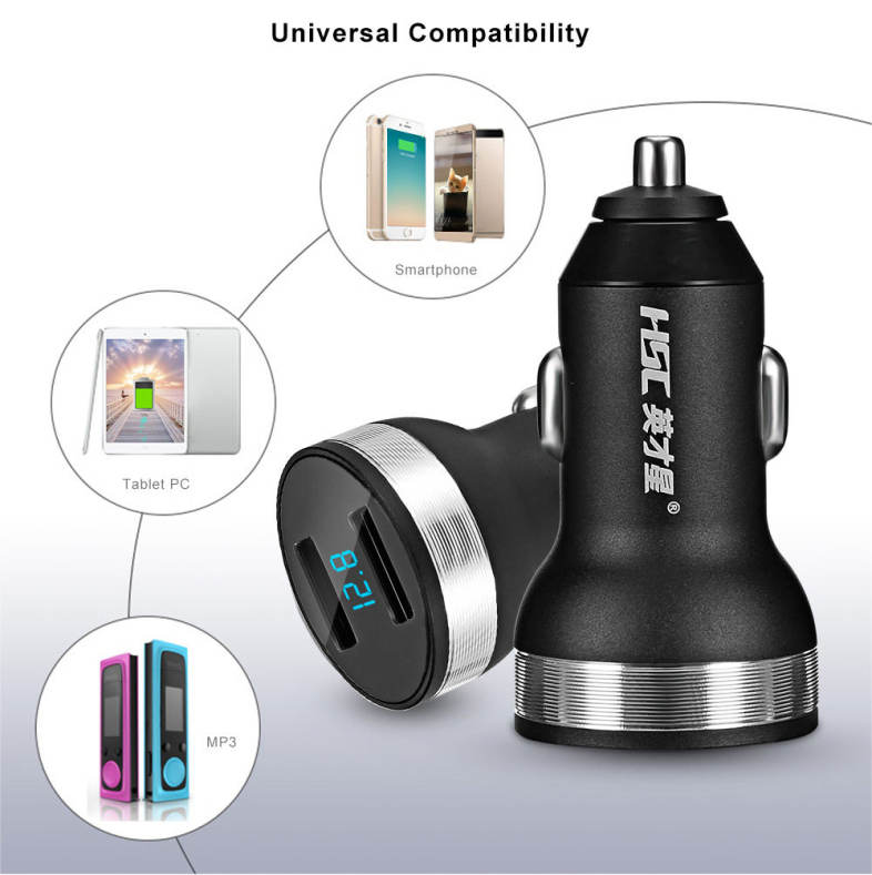 HSC 107D Car Charger Dual USB Ports Aluminum Alloy Housing Voltage Monitor Multiple Protections 