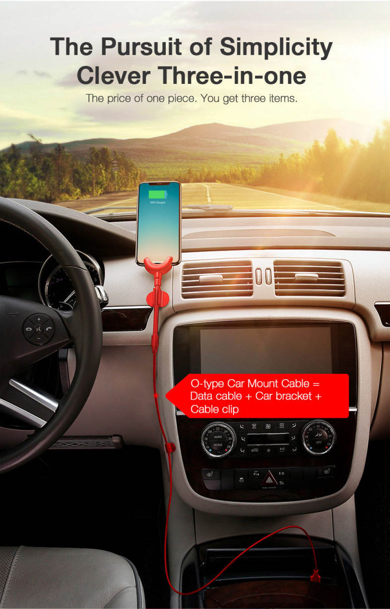 Baseus O-type Car Mount Cable 2.1A 0.8M ABS PC for iPhone