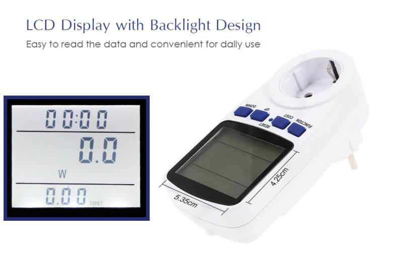 LCD Display Power Meter Socket Energy Monitor Watt Voltage Amps Measuring Outlet