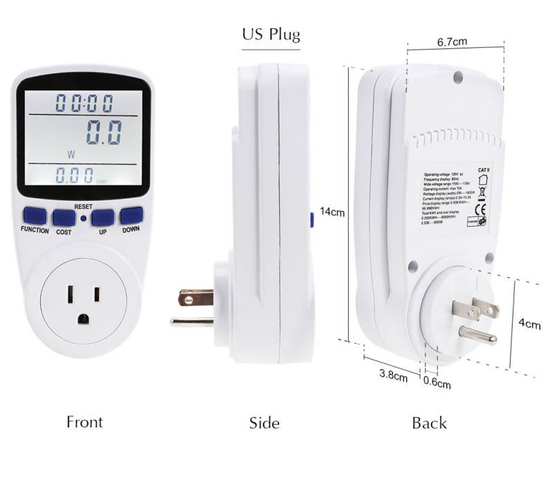 LCD Display Power Meter Socket Energy Monitor Watt Voltage Amps Measuring Outlet