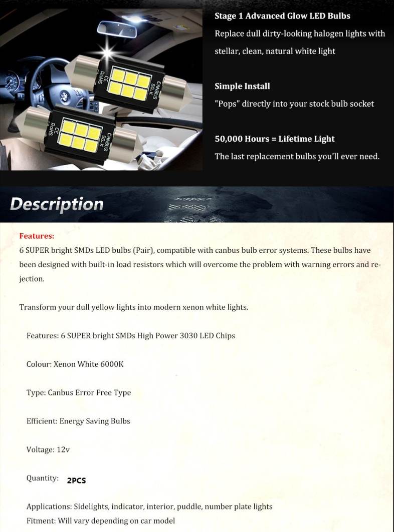 2PCS 36mm Festoon 3030 OSRAM 6SMD LED Dome Door Map Trunk Light Canubs No Error