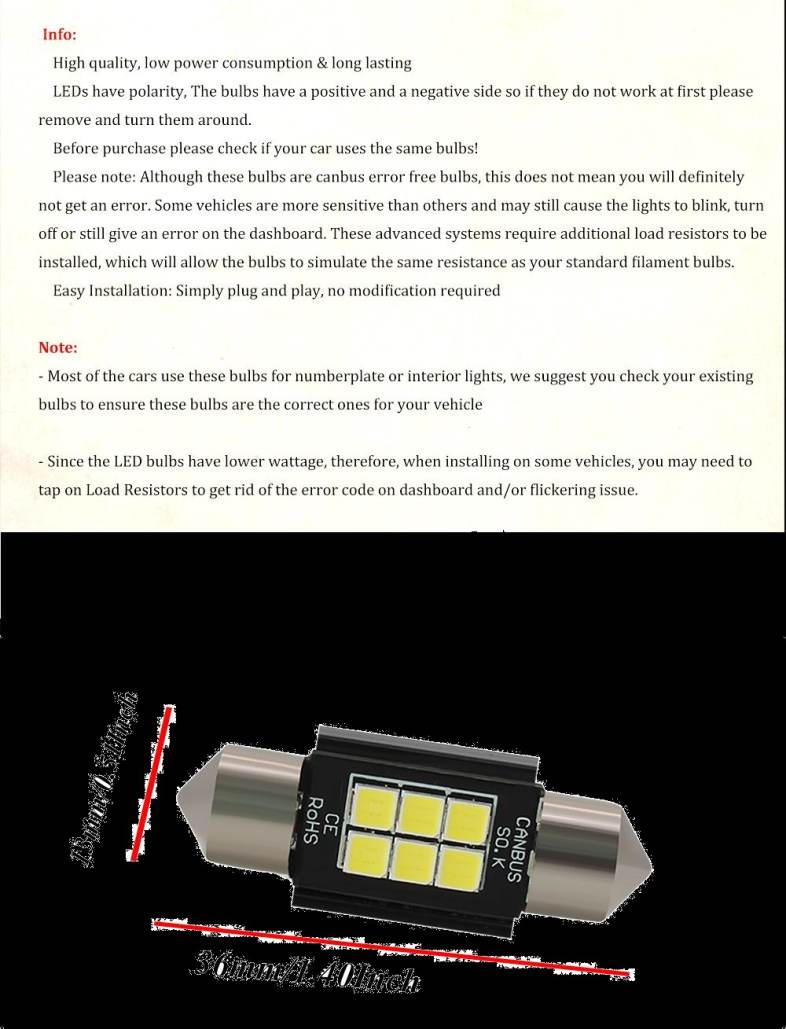2PCS 36mm Festoon 3030 OSRAM 6SMD LED Dome Door Map Trunk Light Canubs No Error