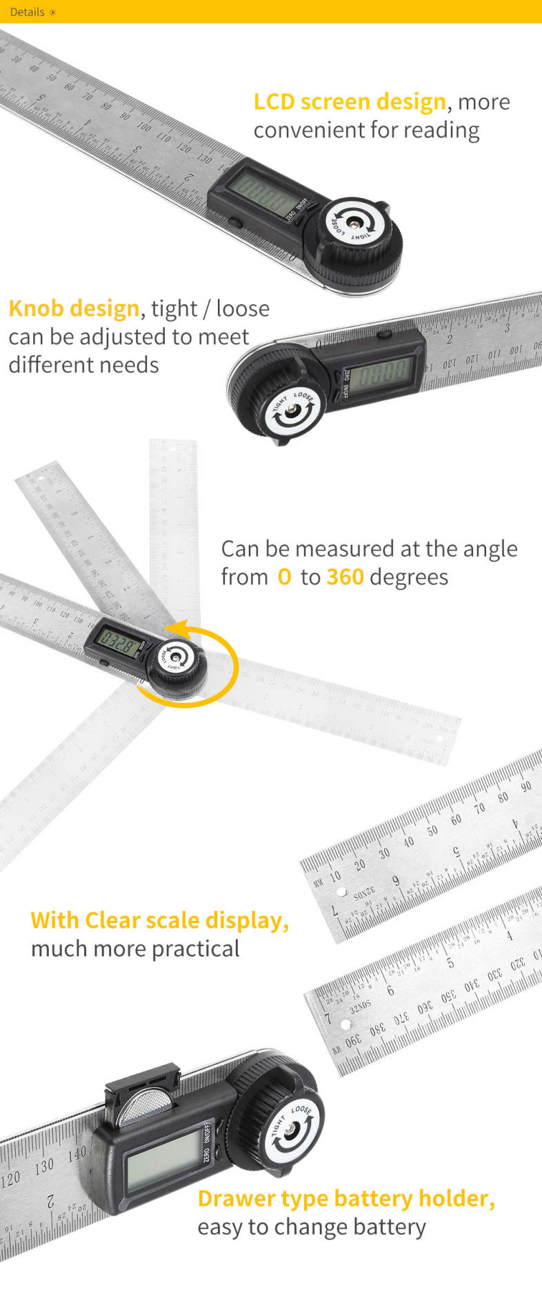 Stainless Steel Digital Display Angle Scale Ruler Measuring Tool