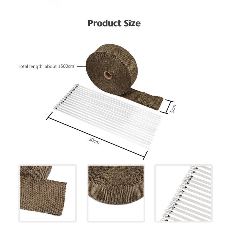 15M Auto Titanium Exhaust Header Tube Fiber Heat Wrap Tape with Steel Cable Ties for Car Motorcycle 