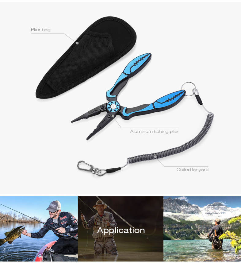 FG - 1034 Aluminum Fishing Plier Braid Cutter Hook Remover Split Ring Fish Holder with Sheath Lanyard 