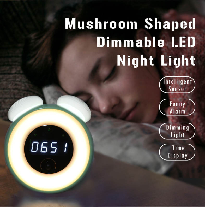 Utorch Intelligent Sensor Mushroom Shaped LED Night Light Bedside Lamp with Digital Alarm Clock