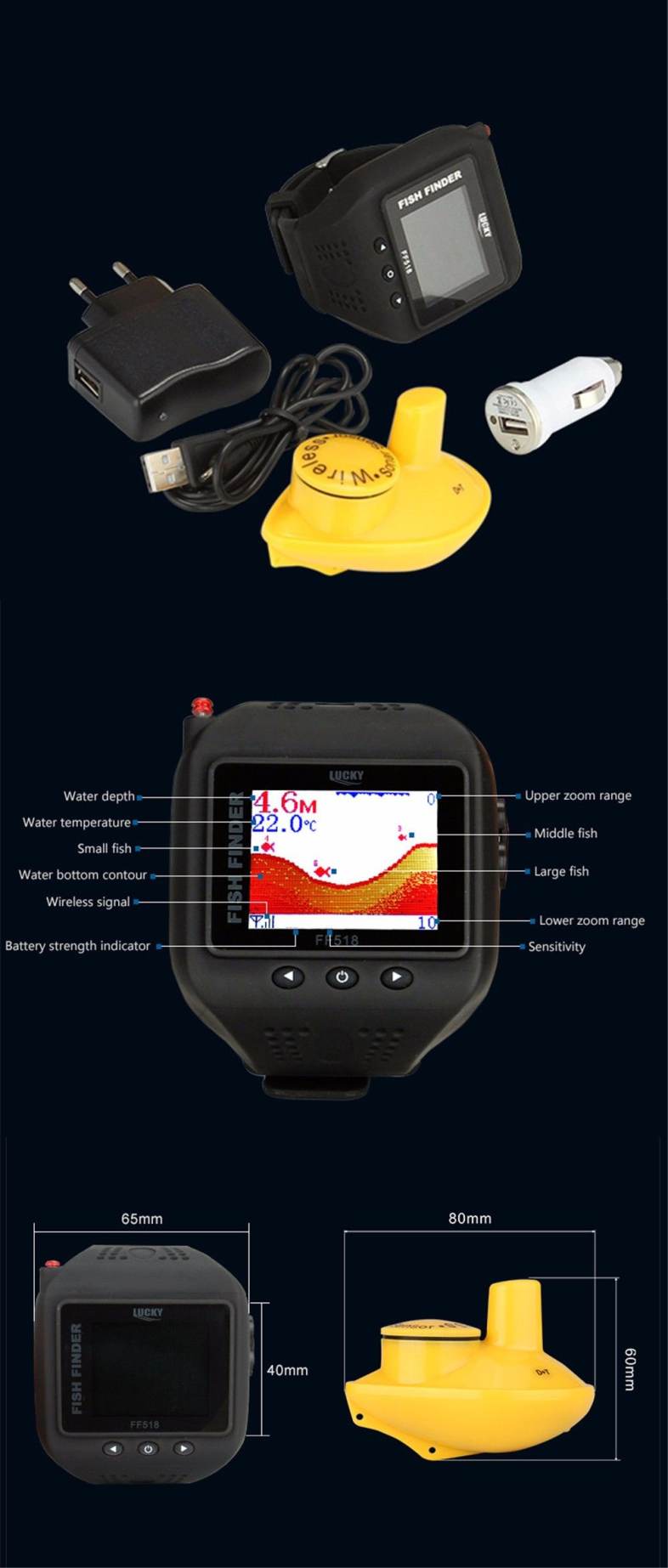 FF518 Wireless Sonar Watch Type Fish Finder Portable Echo Fishing Sounder