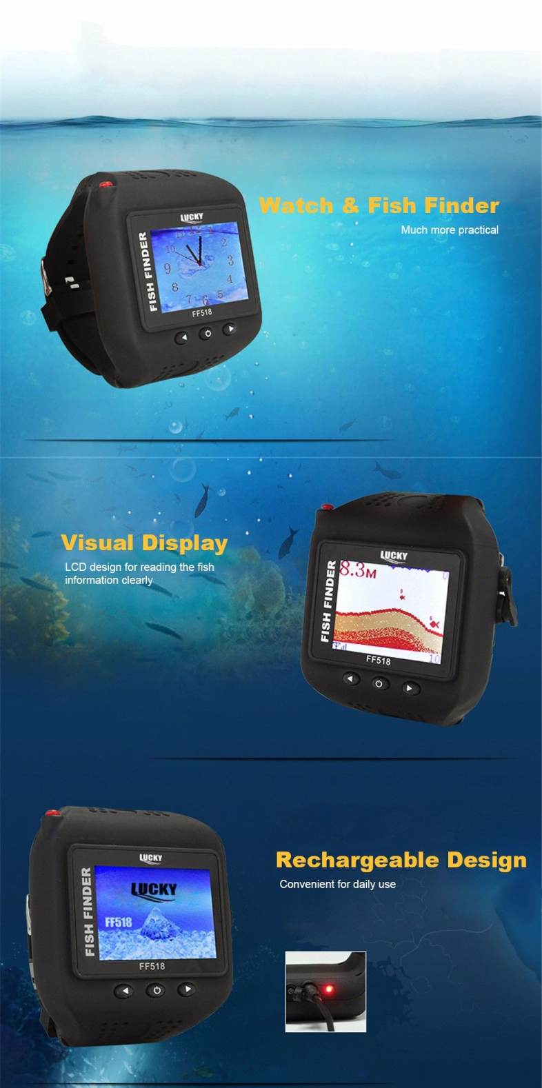 FF518 Wireless Sonar Watch Type Fish Finder Portable Echo Fishing Sounder