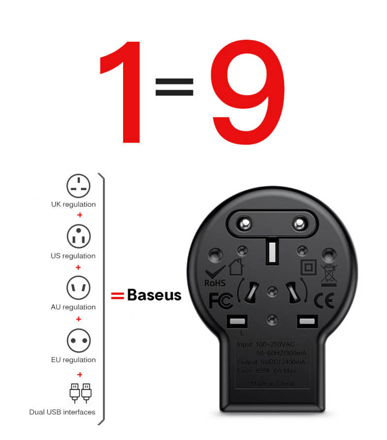 Baseus Multi-functional Dual USB 6A Conversion Socket with Rotatable EU / UK / US / AU Plug