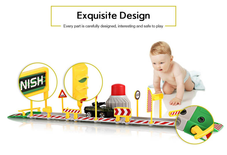 DIY Assembled Building Blocks City Parking Lot Model Toy with Alloy Ejection Engineering Railcars