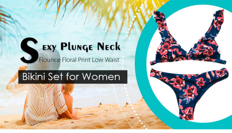 Plunge Neck Flounce Backless Padded Floral Print Low Waist Women Bikini Set