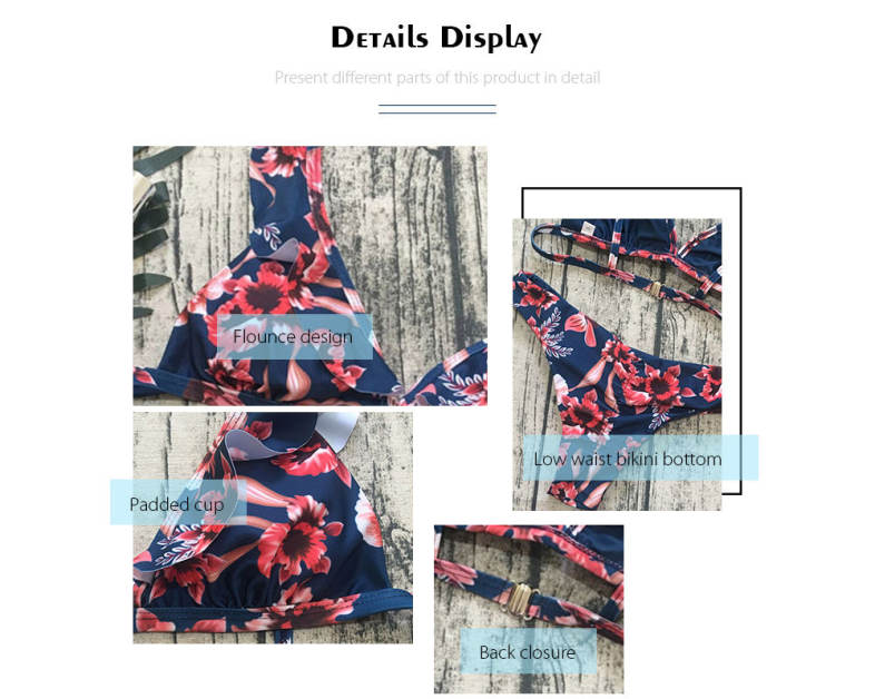 Plunge Neck Flounce Backless Padded Floral Print Low Waist Women Bikini Set