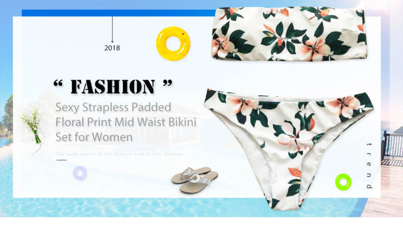 Sexy Strapless Padded Floral Print Mid Waist Women Bikini Set